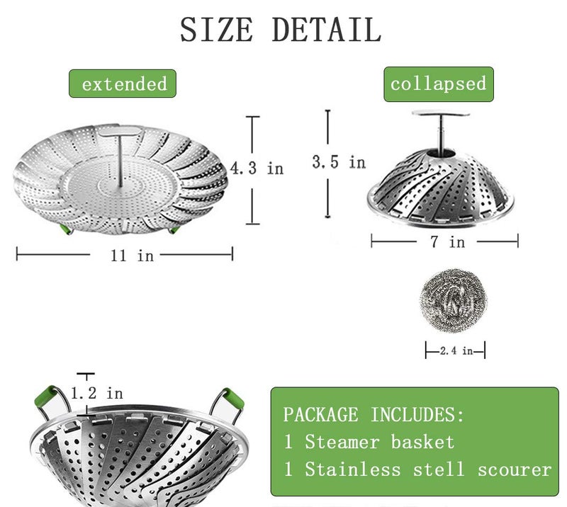 LCPUD Steamer Basket, Veggie Steamer Basket for Cooking Stainless Steel Folding Vegetable Steamer Insert with Extending Removable Center Handle Expandable to Fit Various Size Pot(7" to 11") - Image 5